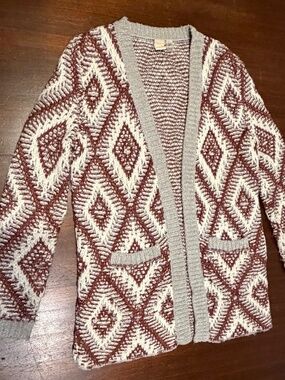 ROXY XS Burgundy Cream Aztec Geometric Open Front Knit Cardigan